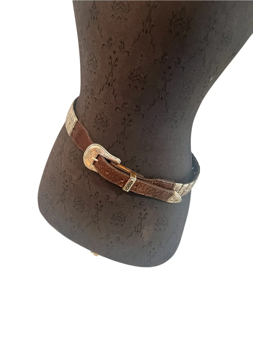 Vintage Full Grain Leather Tooled Conch Silver Toned Belt 32” Western Boho